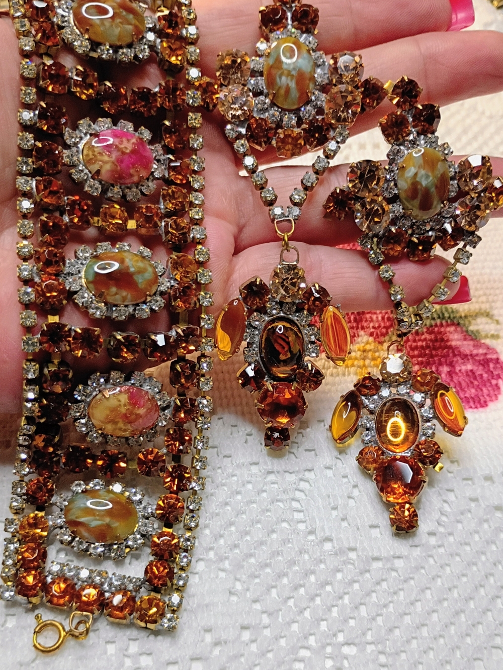 Vintage Signed Bijoux M.G. Amber Crystal Statement  Bracelet & Pierced Earrings